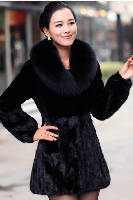 2014 Winter Coat Women Imitation Rabbit Fur Black Bold Coat Faux Fox Fur Collar