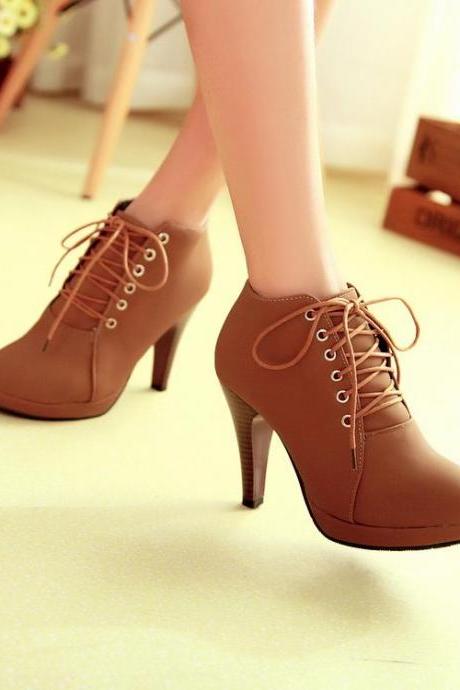 Brown Lace up High Heels Ankle Boots