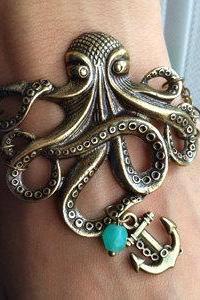 Octopus Bracelet, Anchor charm Bracelet - Antiqued Brass Vintage Style Nautical Victorian Steampunk Large Lightweight Gothic Victorian
