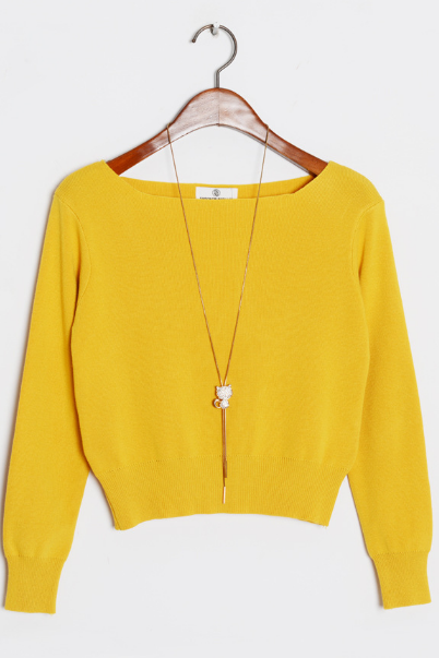 Knitted Bateau Neck Long Cuffed Sleeves Cropped Sweater