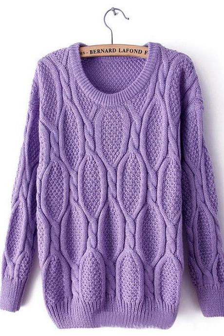 Women Lady Retro Warm Round Neck Knitted Pullover Jumper Loose Sweater