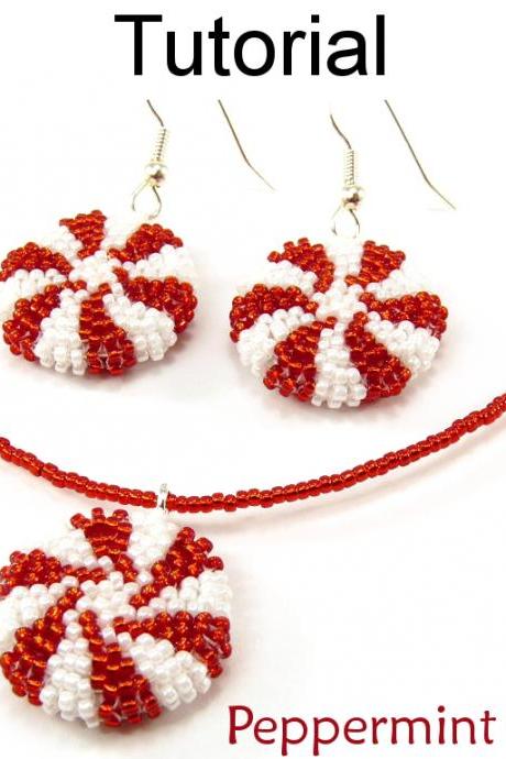 Beading Tutorial Pattern Earrings Necklace - Holiday Christmas Jewelry - Simple Bead Patterns - Peppermint Candy Set #10625