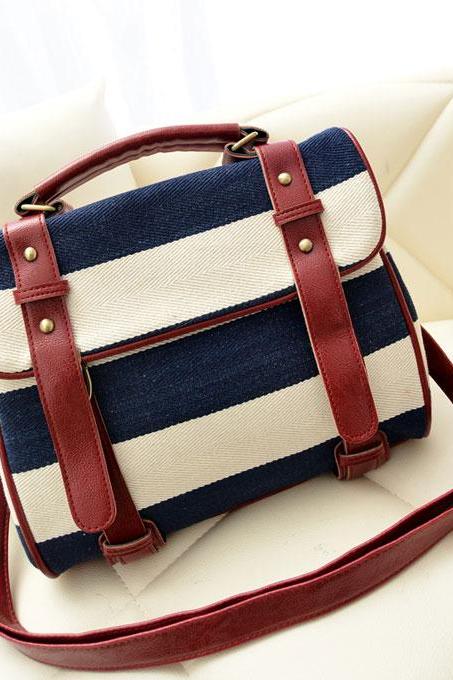 Fashion Blue Striped Canvas Handbag & Shoulder Bag