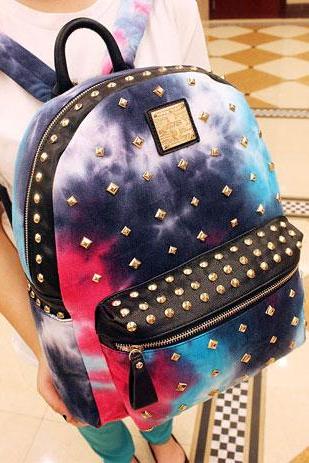 Punk Style Cool Gradient Color Rivet Denim Backpack