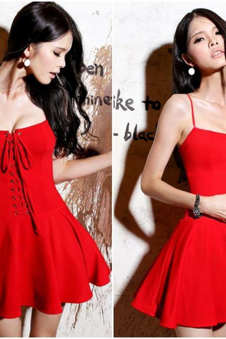 Sexy Red Lace Up Pleated Mini Dress