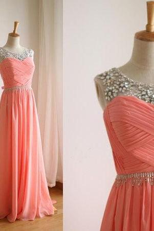 Handmade Coral Chiffon Round Neckline A line Floor Length Prom Dresses with Beadings, Coral Chiffon Prom Dresses, Prom Dresses , Evening Gown