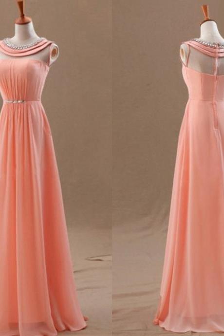 Lovely New Style 2015 Coral A-line Floor Length Prom Dress with Round Line, Prom Dresses 2015, Evening Dresses, Handmade Formal Dress