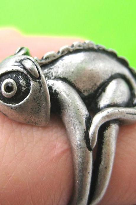 3D Adjustable Iguana Chameleon Animal Wrap Around Hug Ring In Silver
