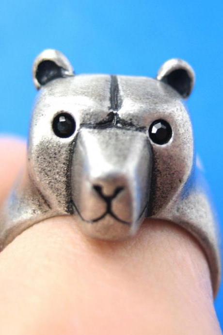 3D Adjustable Polar Bear Teddy Animal Wrap Around Hug Ring In Silver