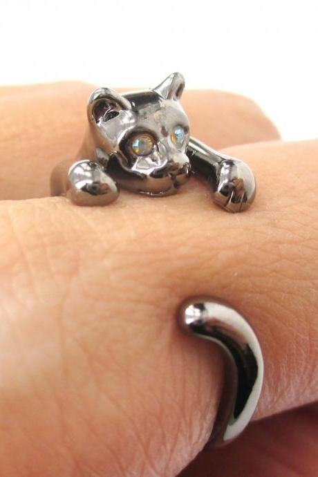 Adorable Kitty Cat Animal Pet Wrap Around Hug Ring In Gunmetal Silver - Size 3 To Size 8.5