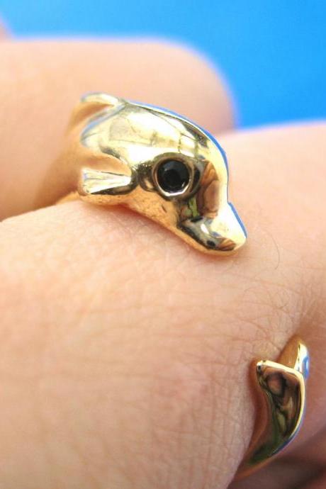 Realistic Dolphin Sea Animal Wrap Hug Ring In SHINY Gold - Sizes 4 To 7