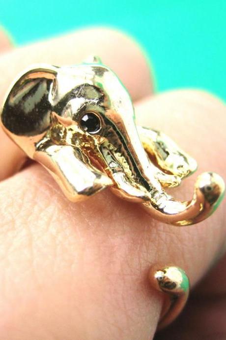 Realistic Elephant Animal Wrap Around Hug Ring In SHINY Gold Sizes 5 To 13