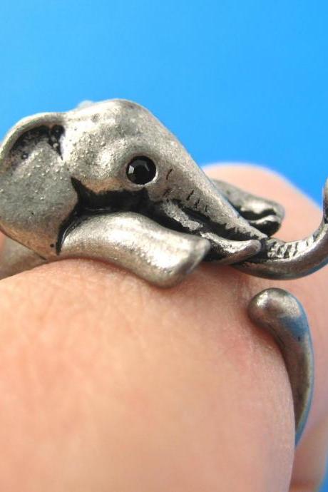 Realistic Elephant Animal Wrap Around Hug Ring In Silver Sizes 4 To 13