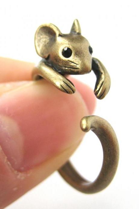 Realistic Mouse Animal Wrap Around Hug Ring In Brass - Sizes 4 To 9
