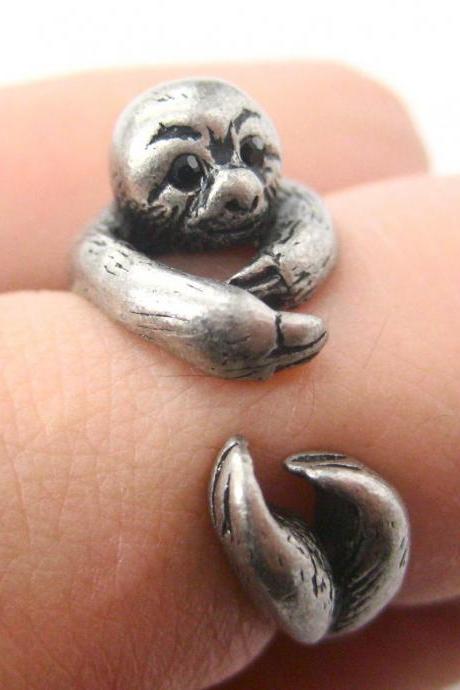 Realistic Sloth Animal Wrap Around Hug Ring In Silver - Sizes 5 To 10 Available