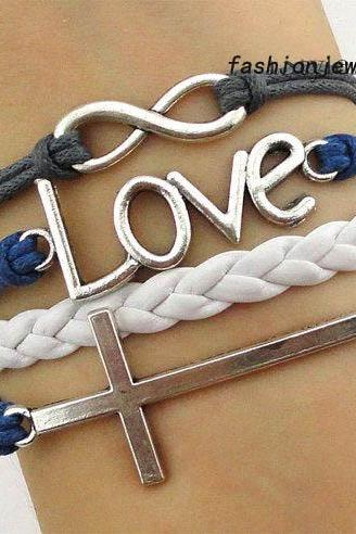 Silver infinity Bracelet Love Bracelet Cross Bracelet-Wax Cords Leather Braided Bracelet,Personalized Jewelry Gift