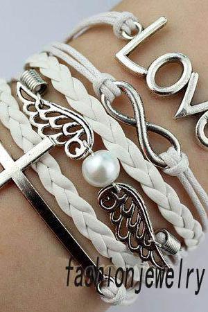 Infinity Bracelet, Love Bracelet, Cross Bracelet ,Wings With White Pearl Bracelet-Personalized Jewelry Gift