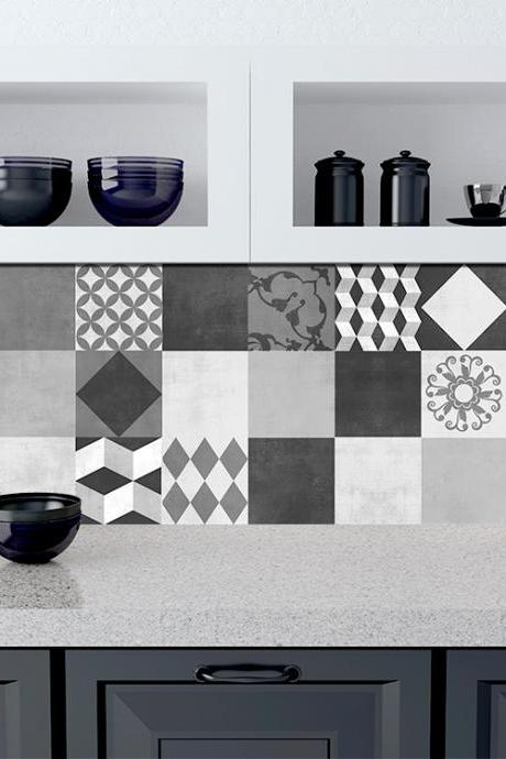 Geometric Graphite Tiles Stickers Art Prime For Kitchen Decoration (pack Of 48) - 4 X 4 Inches