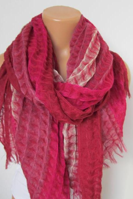 Pink Fuchsia And Cream Long Scarf -shawl Scarf- Season-necklace-cowl- Neckwarmer- Infinity Scarf-mother&amp;#039;s Day Gift