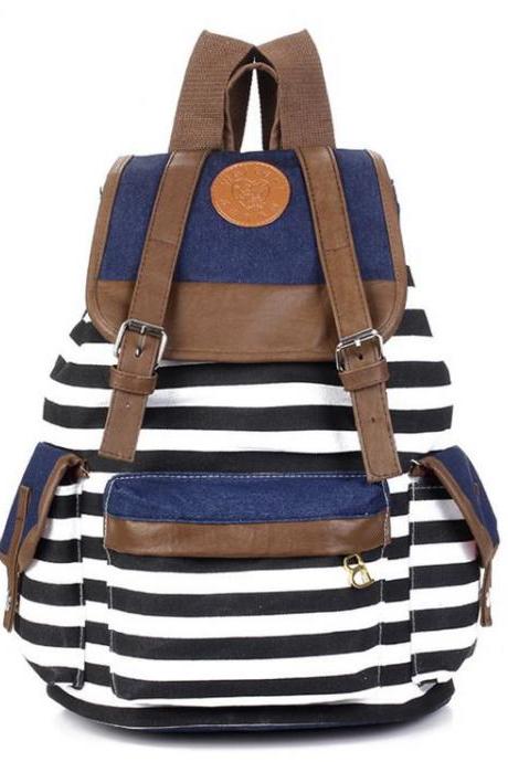 Canvas Horizontal Stripes School Student Girl Backpack