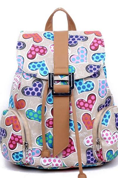 Women's Full Multicolour Hearts Print PU School Bag Travel Backpack 042314