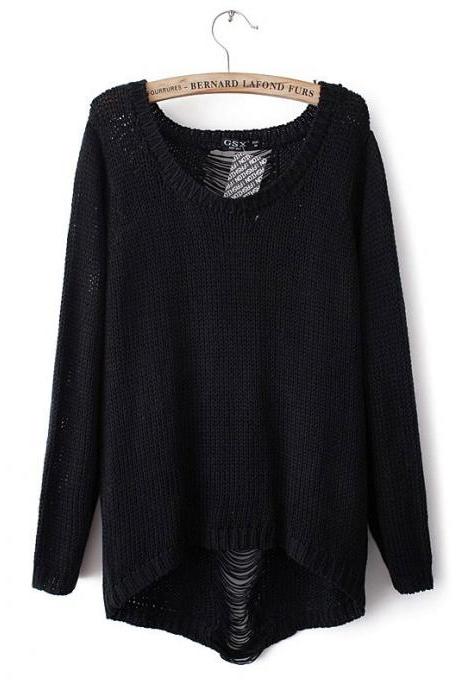 Knitted Scoop Neck Sweater Featuring Distressing Detailing and High Low Hem