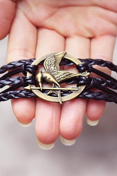 Mockingjay pin bracelet,Brown,leather bracelet,Hunger games bracelet,hipster jewelry,Fashion charm bracelet,Braided Bracelet,catching fire bracelet