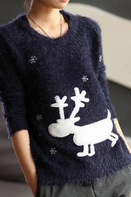 Women Lady Navy Reindeer Christmas Winter Knitted Autumn Sweater Cardigans Coats