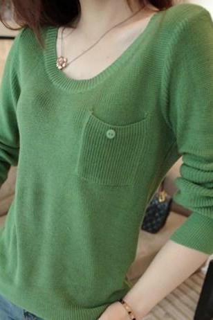 New 2014 Autumn All-Match Gentle Pocket Knitted Basic Shirt Female Slim Long-Sleeve Tops Women Sweater