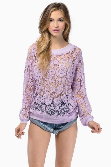 Cheap O Neck Long Sleeves Lace Hollow-out Purple Regular Pullover Sweat