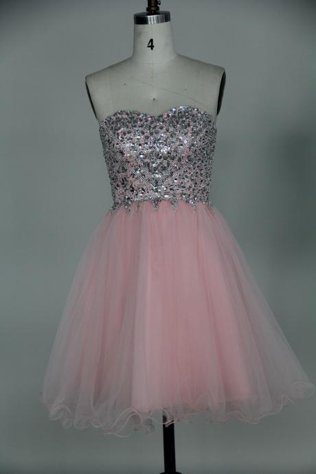 Sparkle Mini Sweetheart Tulle Prom Dresses 2015 With Beadings, Pink Mini Prom Dresses, Homecoming Dress, Graduation Dresses