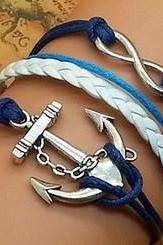 Infinity Bracelet, Anchor Bracelet, Wax cords braided leather Charm Bracelet, women bracelet,men bracelet cuff 