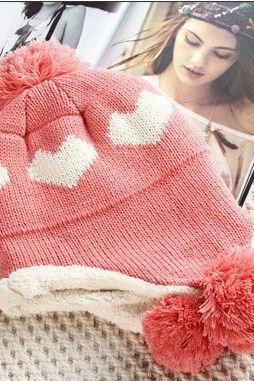 Love Heart Pompom Trendy Pink Hat