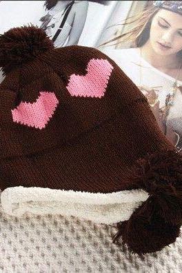 Love Heart Pompom Trendy Brown Hat
