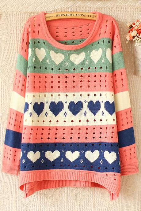 Fashion Pink Heart Hollow Out Sweater