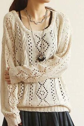 Vintage Round Neck Hollow Out Sleeved Sweater&Cardigan