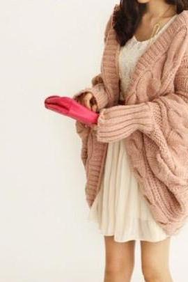 New light pink Lady Loose Warm Sweater Coat Wool Knit Cardigan Batwing Outwear