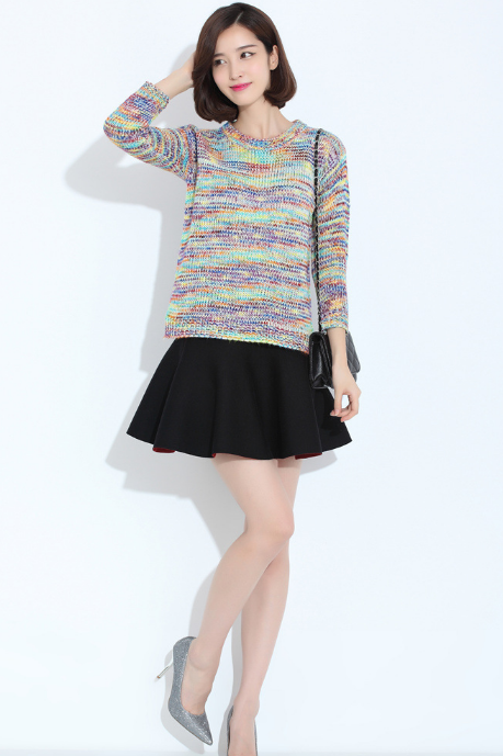 Women's New Rainbow Fitting Long Sleeved Sweater Coat Color Gradient Loose Woman