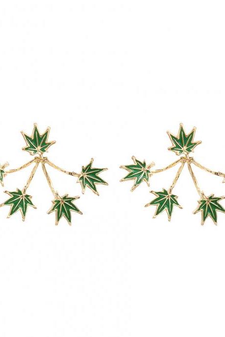 Green Leaf Double Sided Earrings, Gold Post Drop Earrings, Cannabis Earrings Set