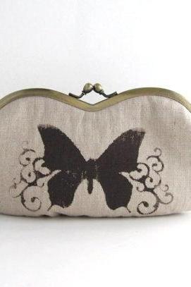 Sunglass Case- Butterfly On Beige Linen -snap Case- Frame Purse