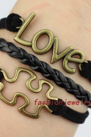 Antique Bronze Love Bracelet, Puzzle Bracelet, Black Bracelet,Personalized jewelry Friendship gift,Christmas Gift