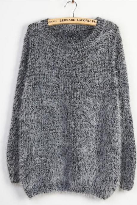 Grey Loose Fitting Long Sleeved Mohair Wool Sweater
