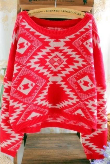 Red Retro Pullovers Bat Sleeve Sweater