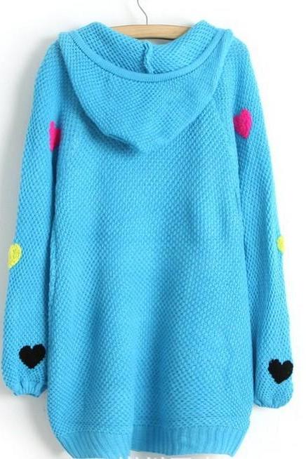Blue Sweet Princess Color Love Double Ball Drawstring Hooded Pullover Sweater