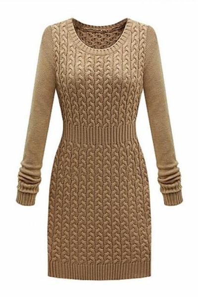 Elegant O-Neck Tight Waist Knit Long Sleeve Sweater Dress