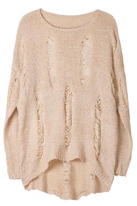 Korean Style Loose Fit Torn Ripped Sweater Knit Jumper Made In Korea Casual Long Oversized - Beige Or Grey