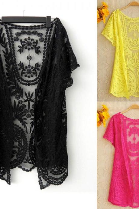 Women's Hollow-Out Shirt Lace Embroidery Floral Crochet Short Sleeve Cardigan