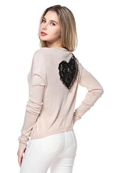 Women's Round Neck Beige Sweater With Heart Pattern Back