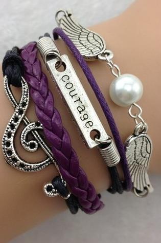 Courage charm bracelet Angel-wings Purple braided leather bracelet
