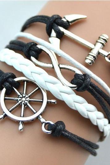 Navy Anchor Bracelet Charm Bracelet Peace White Braided Leather Bracelet